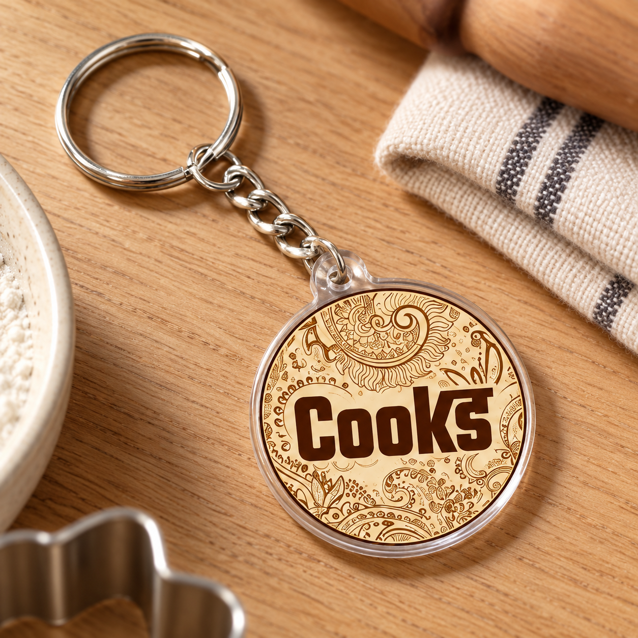 Cooks round acrylic keychain on a warm wooden tabletop